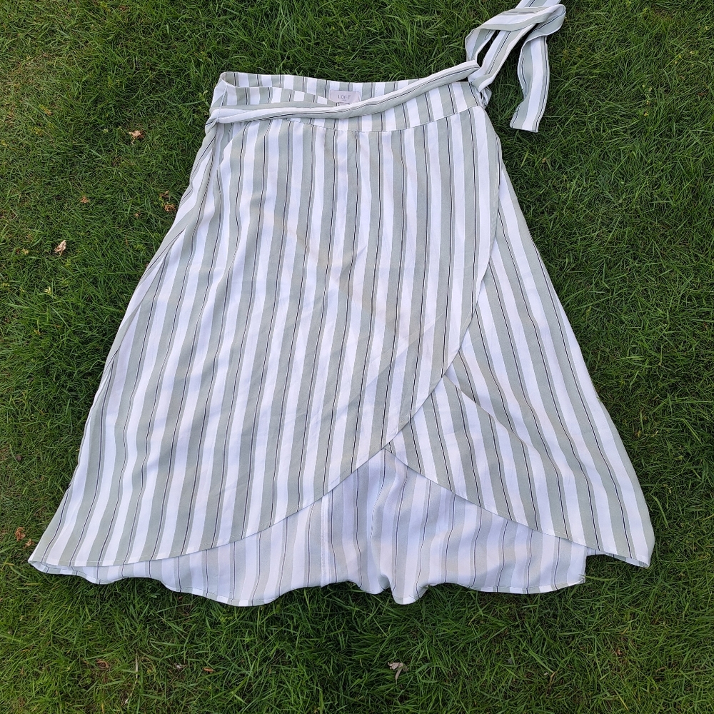 LOFT White and Green Midi Faux Wrap Skirt